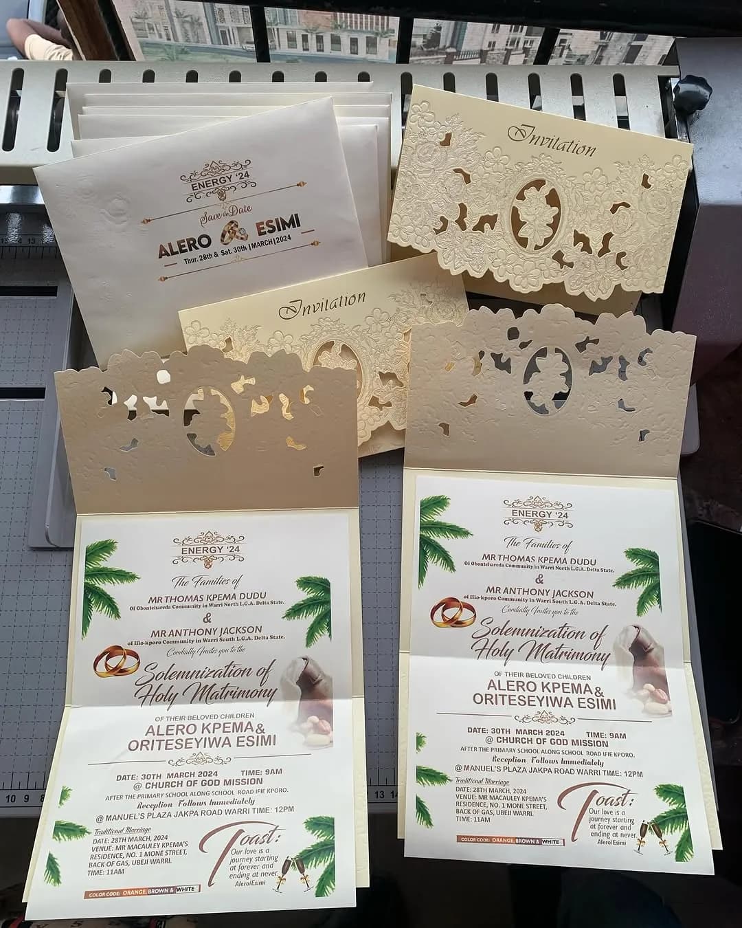 Laser-cut wedding invitation suites printed by P MEDIA